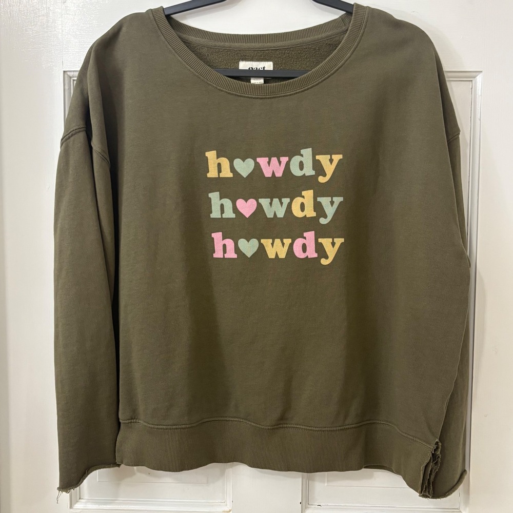 Pact Howdy Sweatshirt Sz L Cotton Western Altered Pullover Boho Fun READ‎